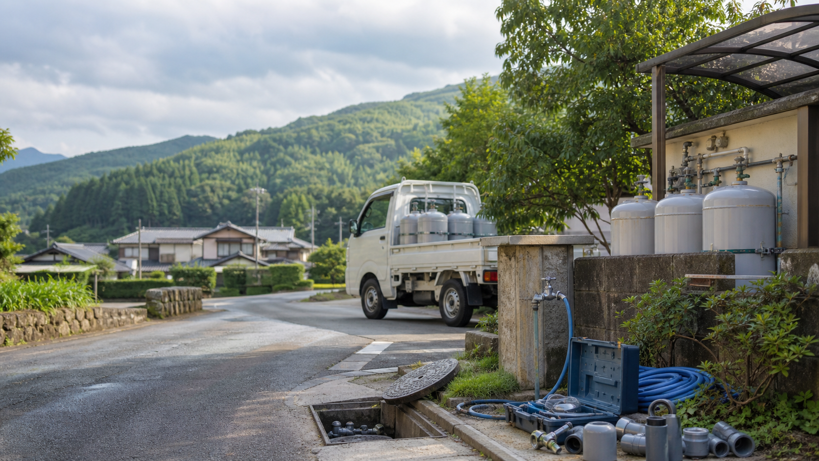 八女市上陽町の山あいとLPガス配送、水道設備をイメージした風景